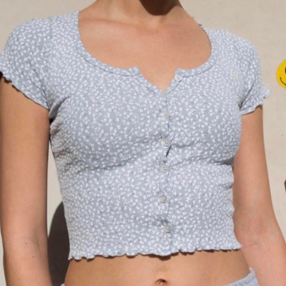Brandy Melville Blue Floral Zelly Button Top